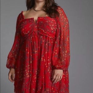 Anthropologie Let Me Be Babydoll Mini Dress Red